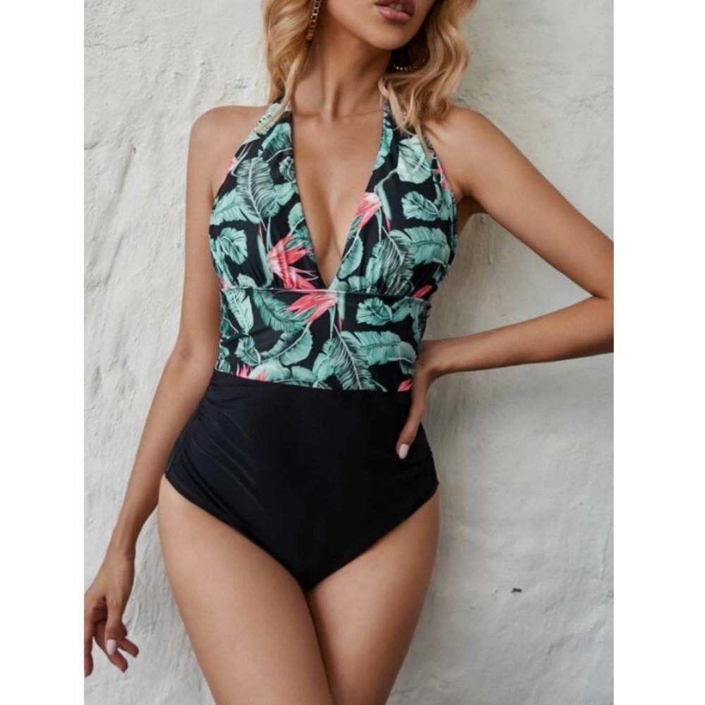 SHEIN Green Black Tropical Halter One Piece Swimsuit XL